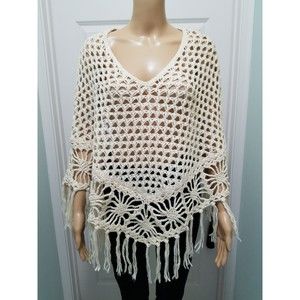 Eyeshadow Women Cream Open Crocheted Fringed Poncho Wraps